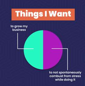Cartoon pie chart: a business owner wants growth without spontaneously combusting from stress.