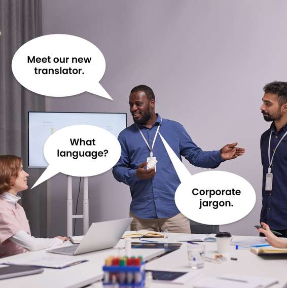 Leadership cartoon about translating corporate jargon into ordinary language