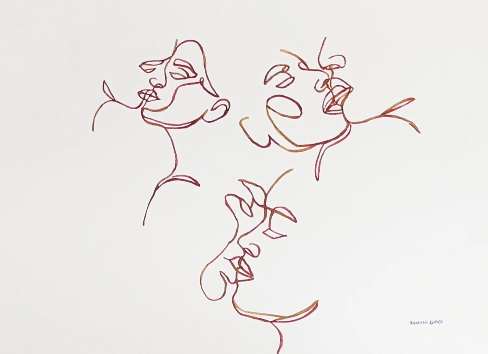 Loose continuous-line faces in rust and gold on white